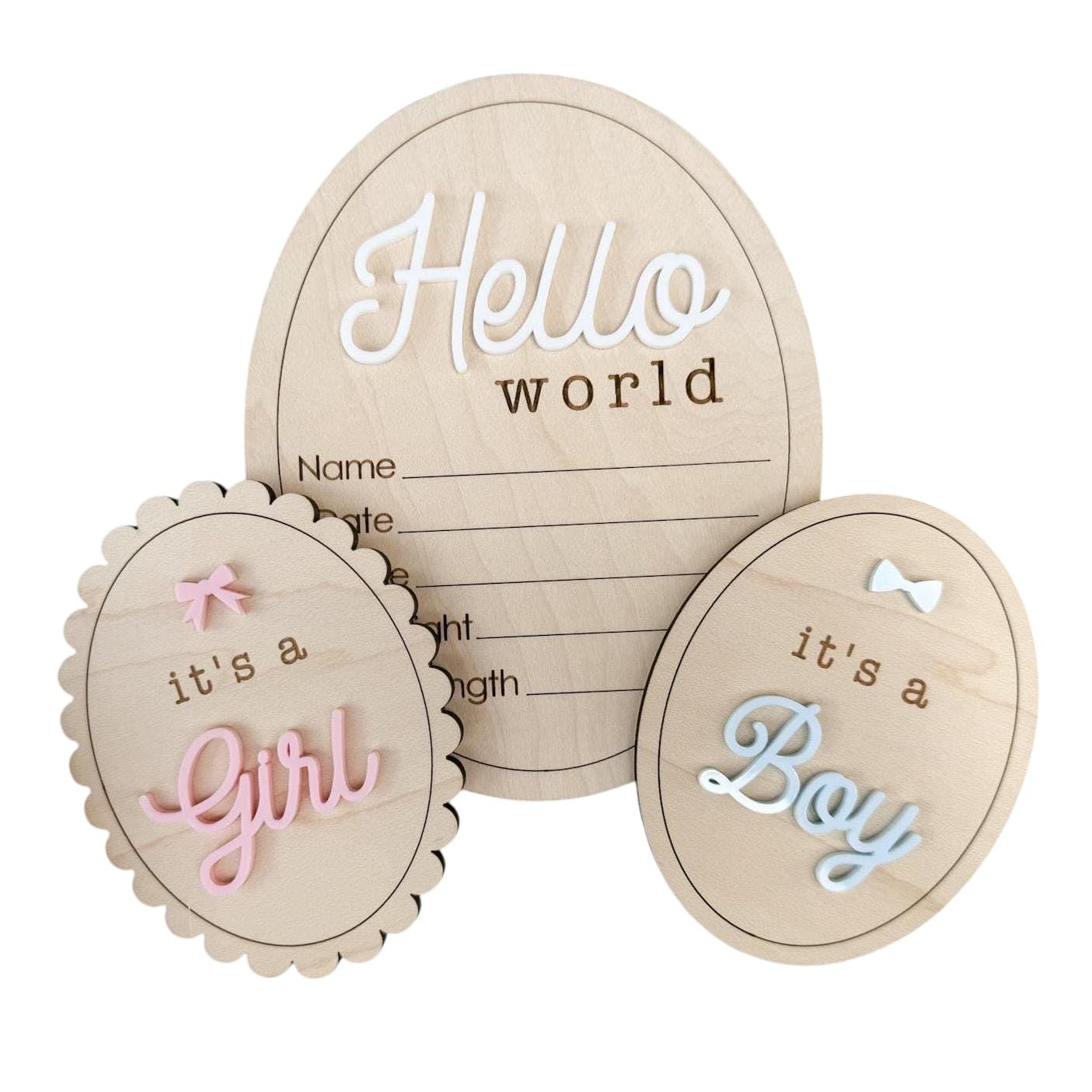 Hello World Gender Reveal Hospital Sign Set – Wooden Baby Announcement Plaque, It’s a Boy It’s a Girl Sign for Newborn Photo Prop, Birth Reveal, Nursery Keepsake
