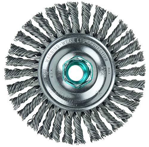 Image of Weiler 13127 Dualife Stringer Bead Twist Knot Wire Wheel Brush, Very Narrow Face, Steel Bristles, M14 X 2.0 Arbor, 0.020 inch Wire Size, 4 inch Diameter, 3 /16 inch Face Width, Made in the USA