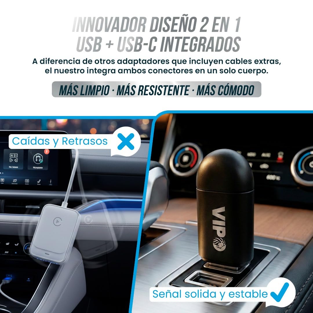 Adaptador CarPlay inalámbrico 2 en 1 USB + USB-C | Convierte CarPlay/Android Auto por Cable en Wireless | Compatible Apple & Android Auto | Plug & Play | Sin App, Sin Líos