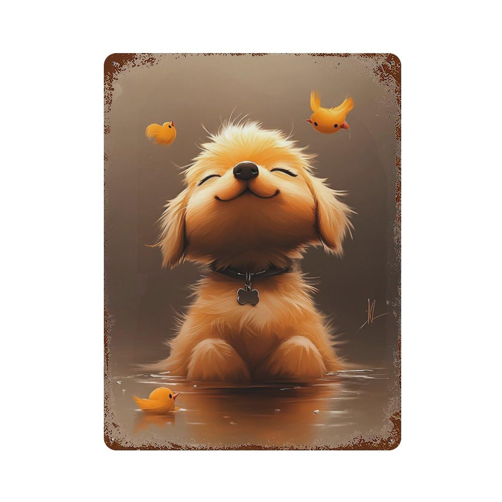 Golden Pup with Yellow Birds 15.7"x11.8" Weathered Tin Sign, Shabby Chic Decor for Farmhouse, Kitchen And Entryway Decor