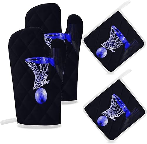 Miniatura 7 de Juego de 4 guantes de horno y soportes para ollas, guantes de horno de baloncesto azules, almohadillas calientes resistentes al calor para cocina y