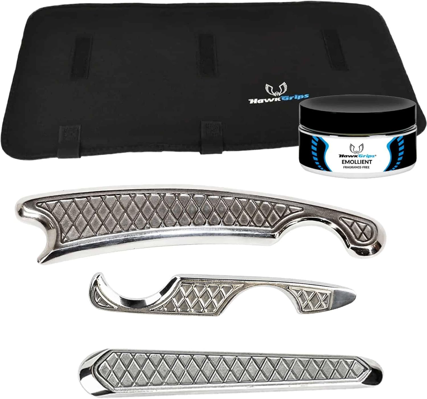 Hand Therapy Tool Set with 8oz Massage Emollient, Stainless Steel, Includes Small Multi-Curve IASTM Tool, Dual-Edge Tongue Depressor, HGPro IASTM Multi-Tool and Roll-Up Carrying Case