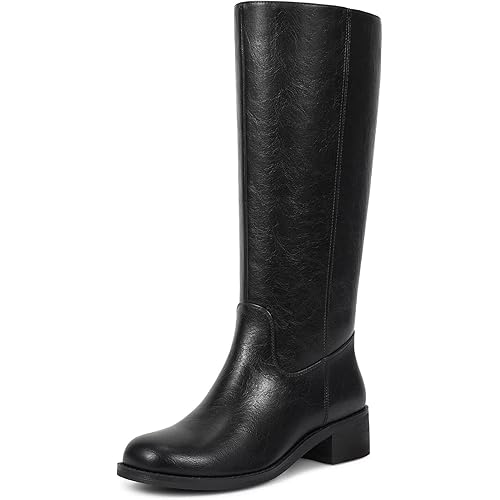 ISNOM Knee High Boots for Women Square Toe Chunky Block Riding Tall Boots with Side Zipper and Low Heel
