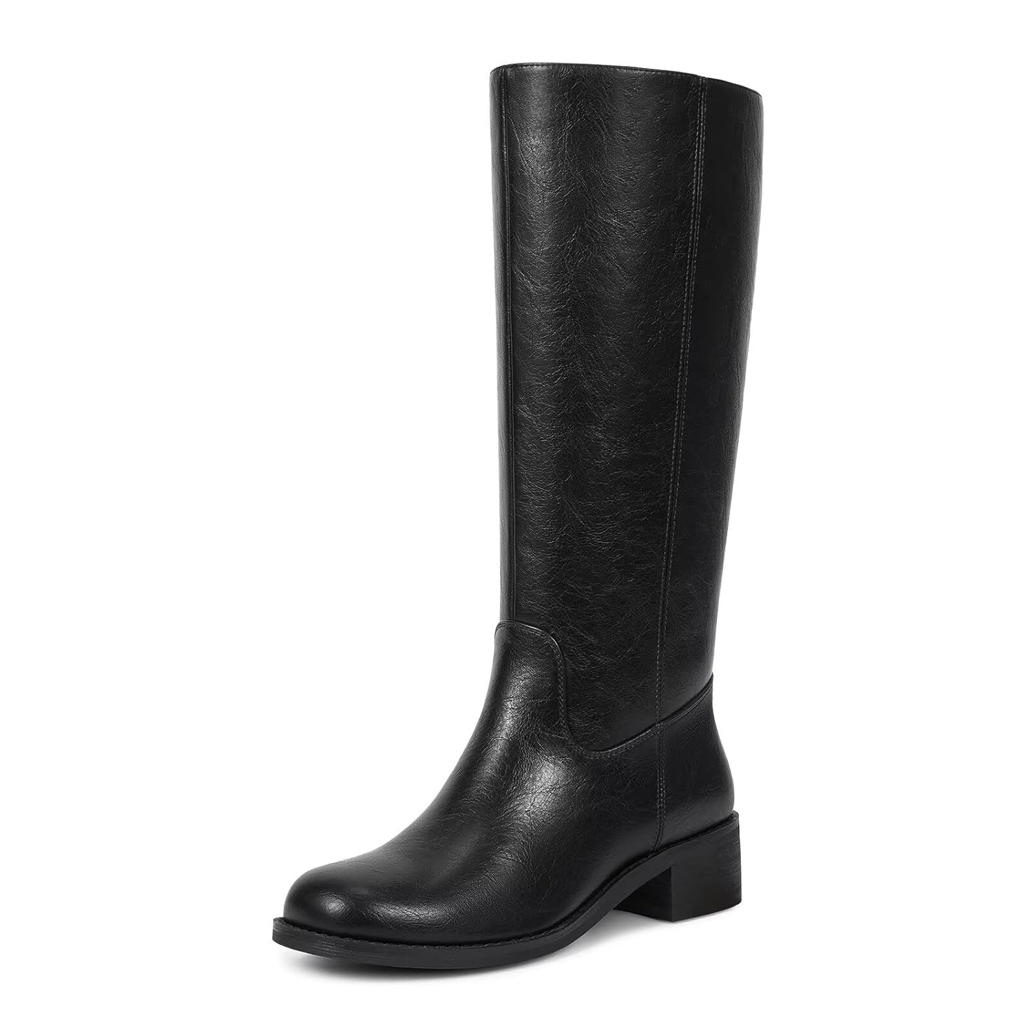 ISNOM Knee High Boots for Women Round Toe Chunky Block Riding Tall Boots with Side Zipper and Low