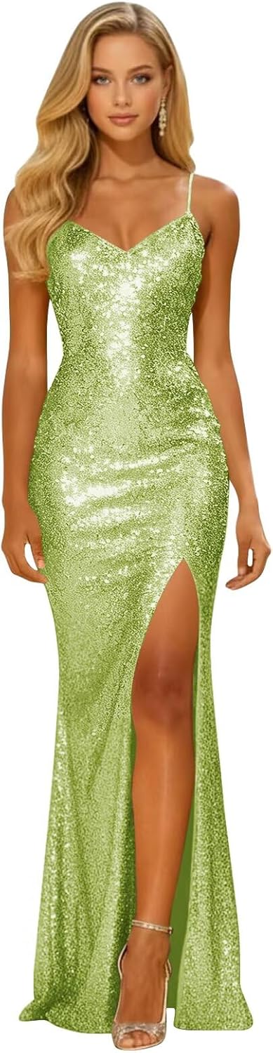 Sparkly Sequin Prom Dresses for Women 2026 Long Mermaid Formal Party Evening Gowns with Slit