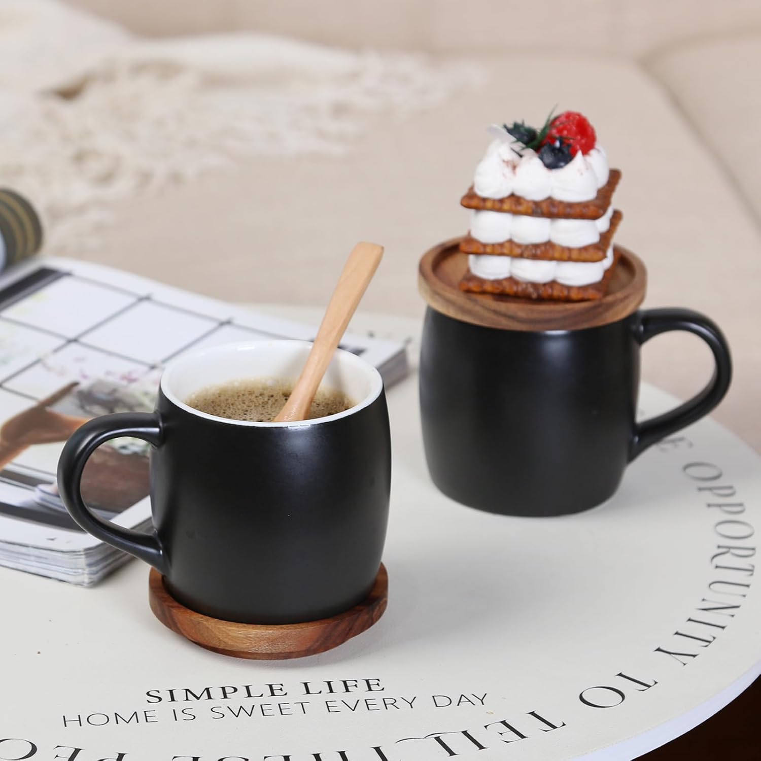 KKC HOME ACCENTS Ceramic Coffee Mugs with Spoon, 13 OZ Coffee Cups with Wood Lid for Americano, Latte, Cappuccino, Ceramic Set of 2, Black