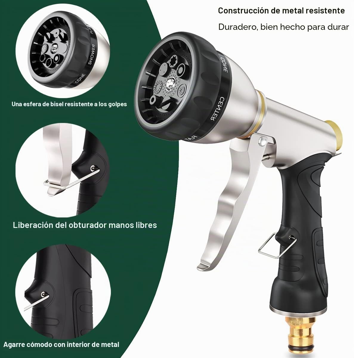 FANHAO Pistola manguera jardin de Metal, pistola de riego de alta presión, 7 patrones de riego, perfecta para riego de plantas, limpieza, lavado de coches y mascotas