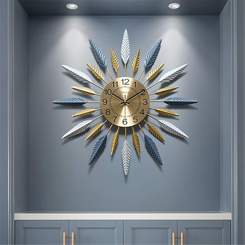 Miniatura 5 de Clock Large,Retro Geometric Feather Design Mute Golden Clock,Modern Polychromatic Vintage Metal for Home Kitchen,Blue White,58.5cm Art Home Dec