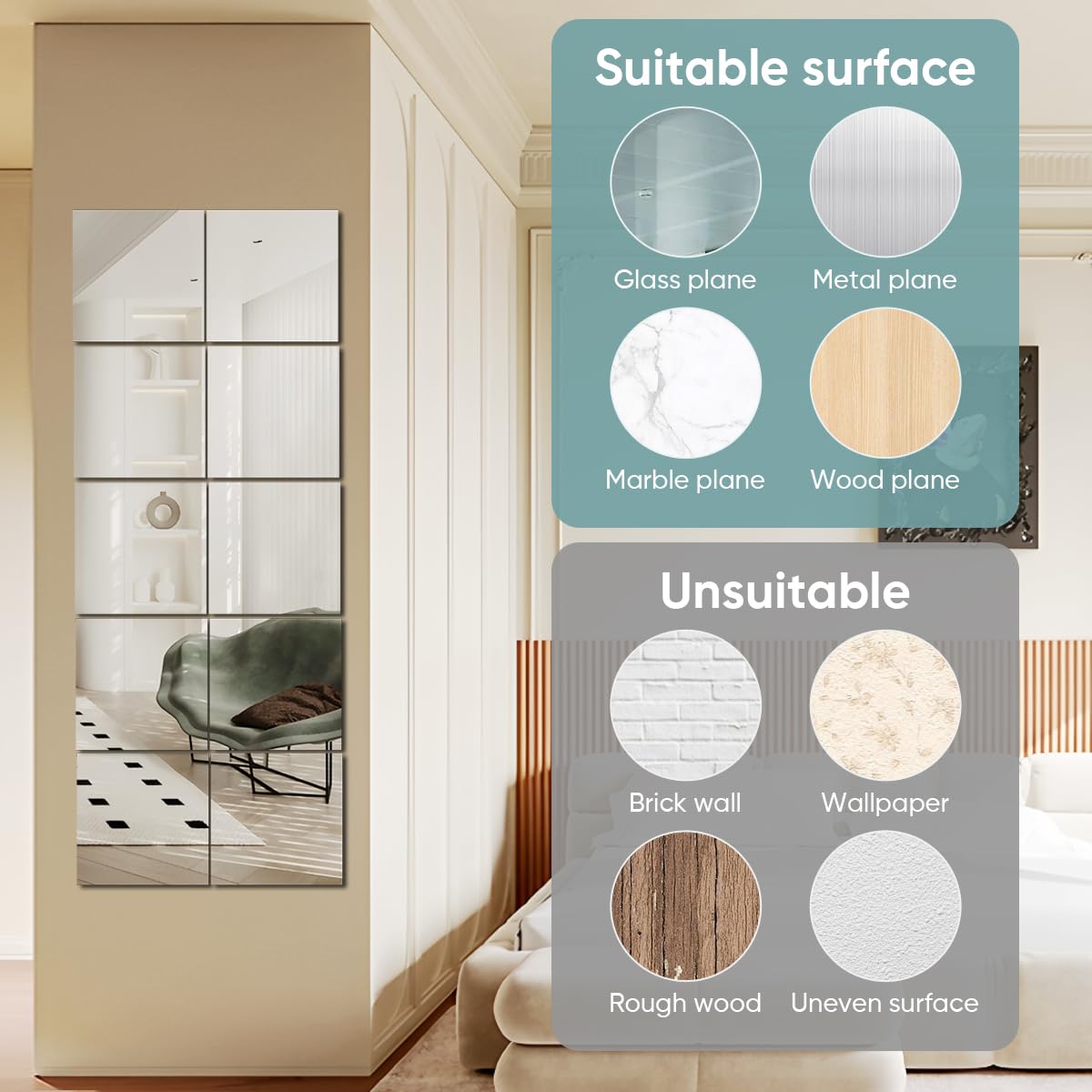 Autocollants en miroir acrylique HD pour murs, carreaux bricolage, miroir autocollant sans verre incassable (Lot de 10/16)