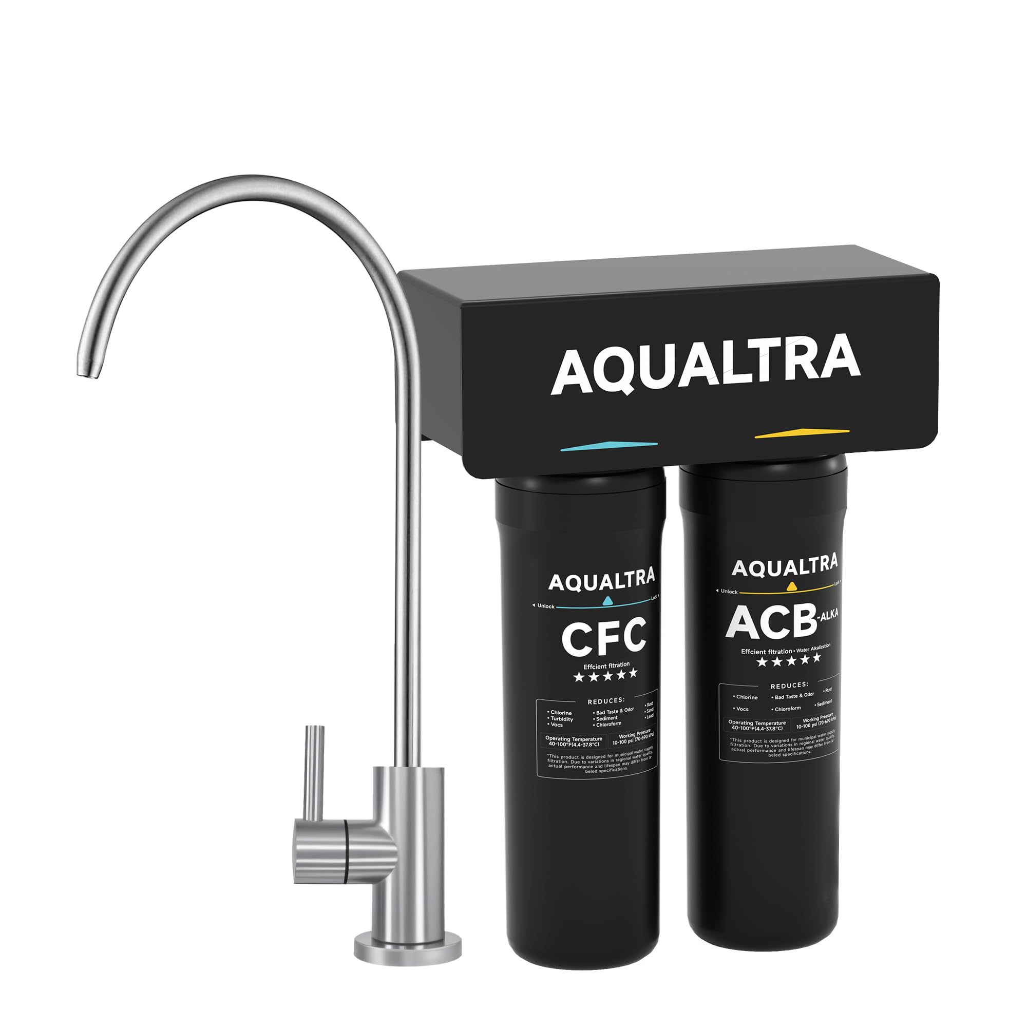 AQUALTRA USF-2F-10 Système sous évier alcalin avec robinet, 75700L, réduit PFOA, PFOS, chlore, plomb, mercure, chloramine, fluorure, microplastiques, mauvais goût & odeur