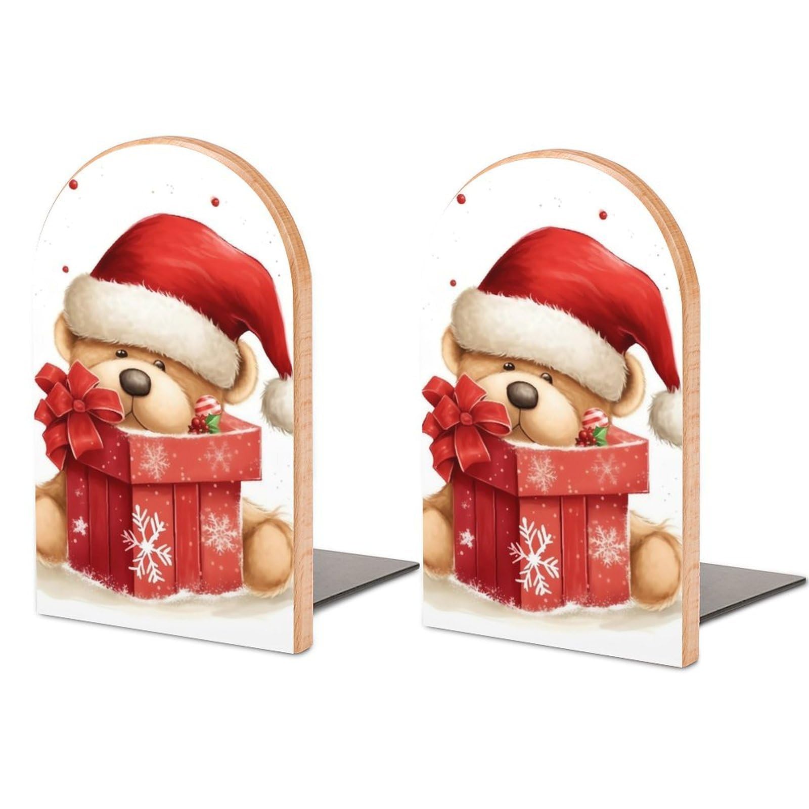 Beech Wood Book Ends Santa Hat Gift and Merry Christmas Printed Bookend for Shelves Home Decorative Bookends for Heavy Books for Office Bookshelves