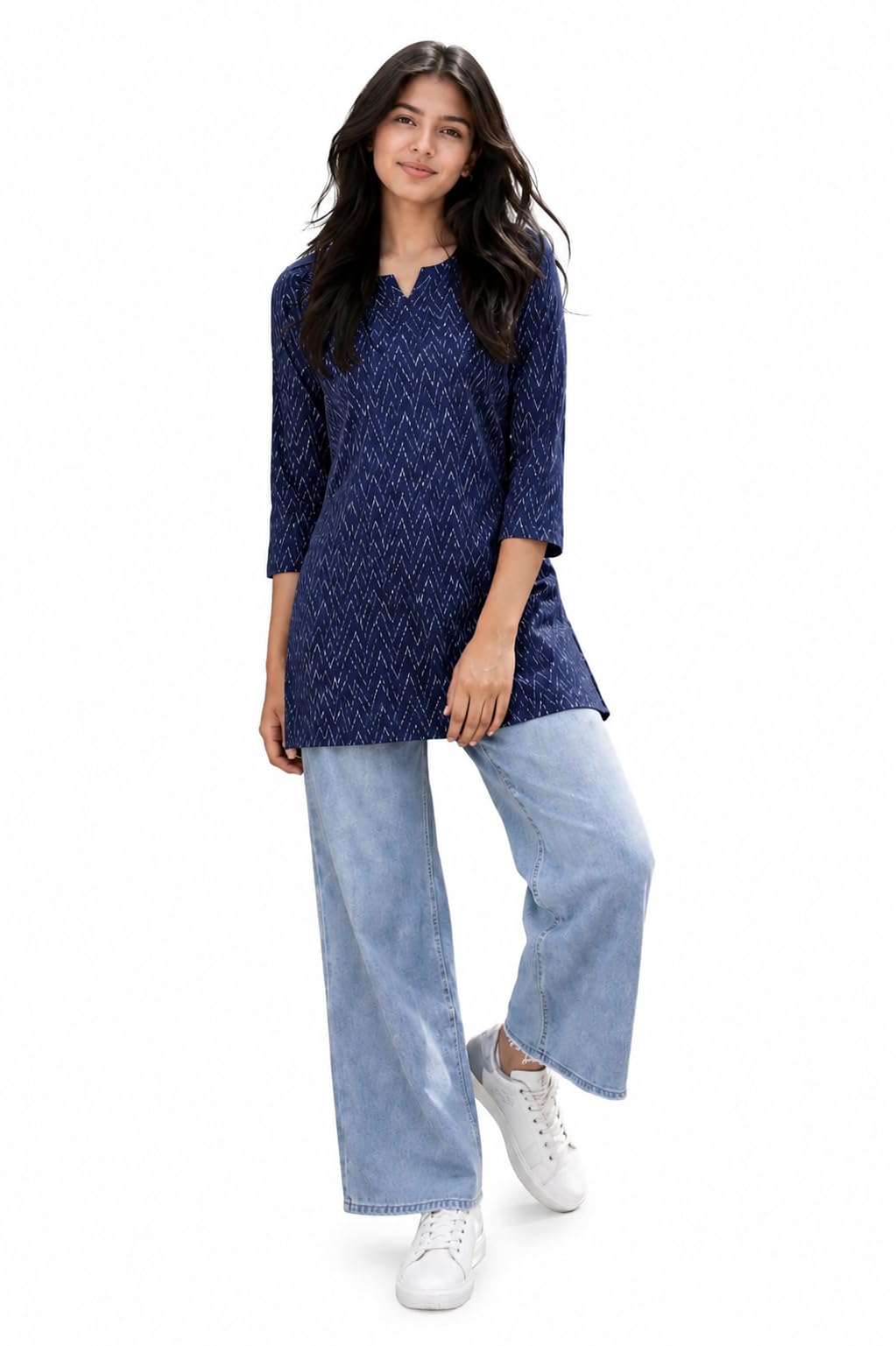 Women Ikat Print Short Kurti Top,Cotton Blend Casual Ethnic Kurta for Women, Stylish Office Kurti Tunic,Lightweight Printed Short Kurti Kurti for V Nack Kurti-image-33