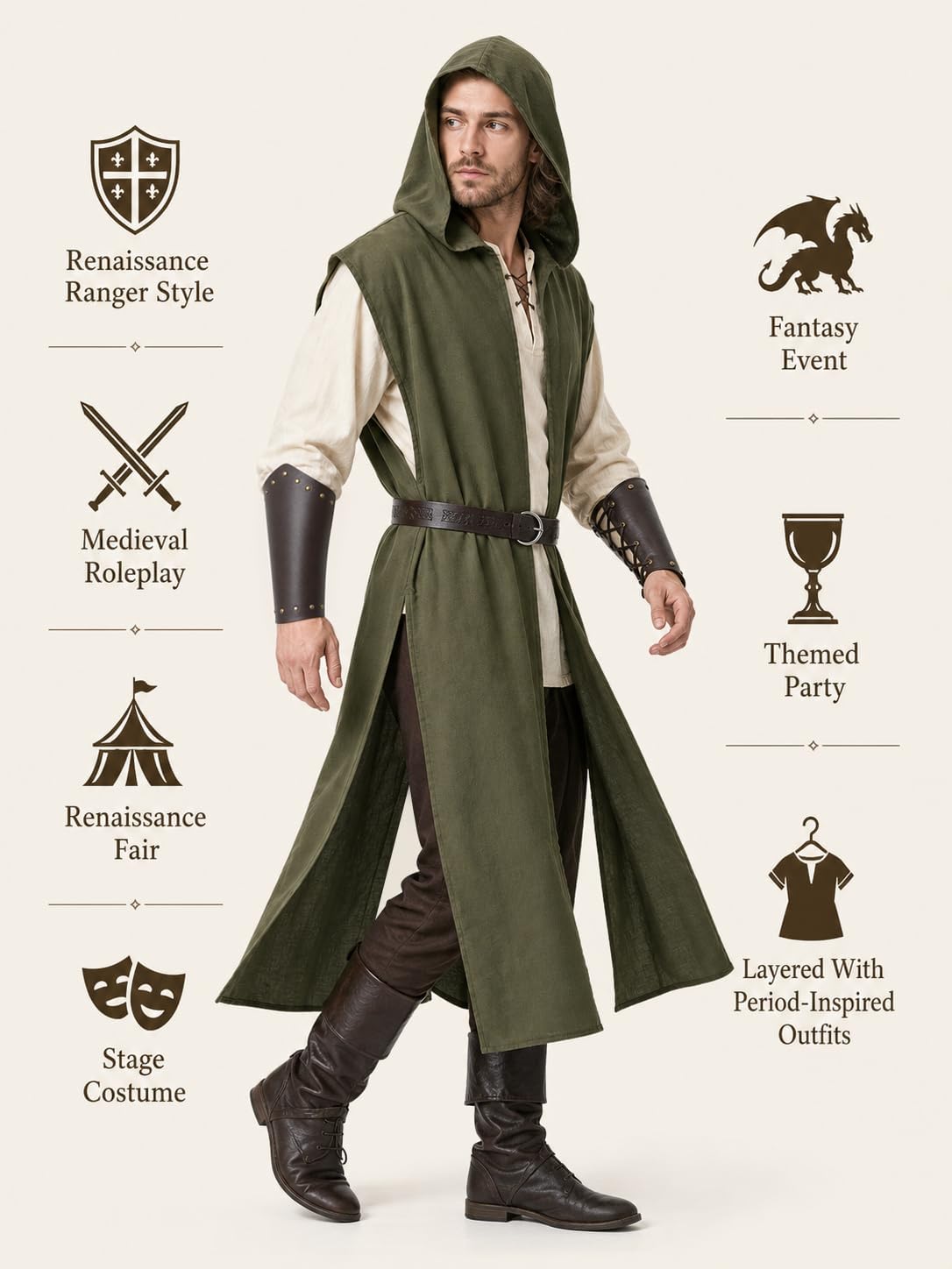 HOMELEX Men's Renaissance Costume 3 Piece Medieval Hooded Surcoat LARP Set