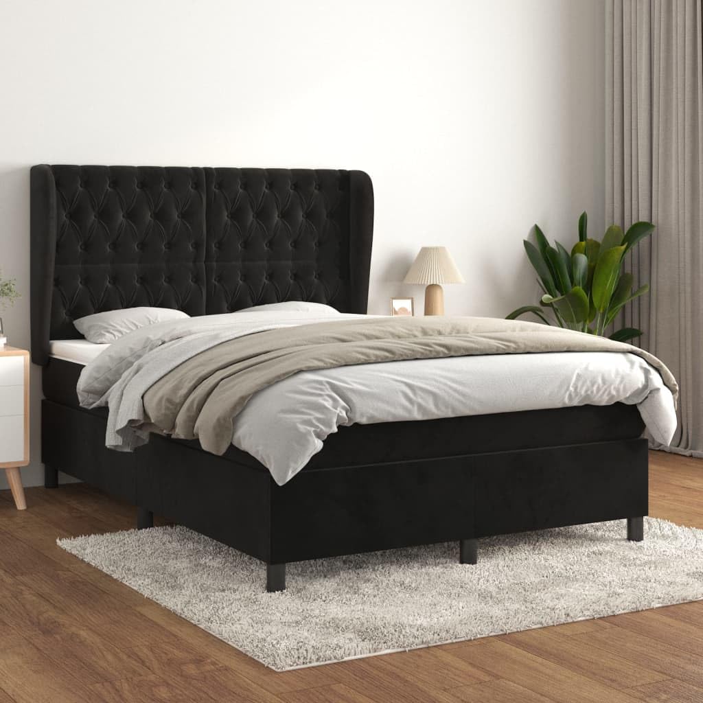 Aksamitne regulowanym zagłówkiem kontynentalne 140x190 Czarny | Łóżko kontynentalne z materacem sprężynowym, aksamit czarny 140x190 cm, regulowany zagłówek