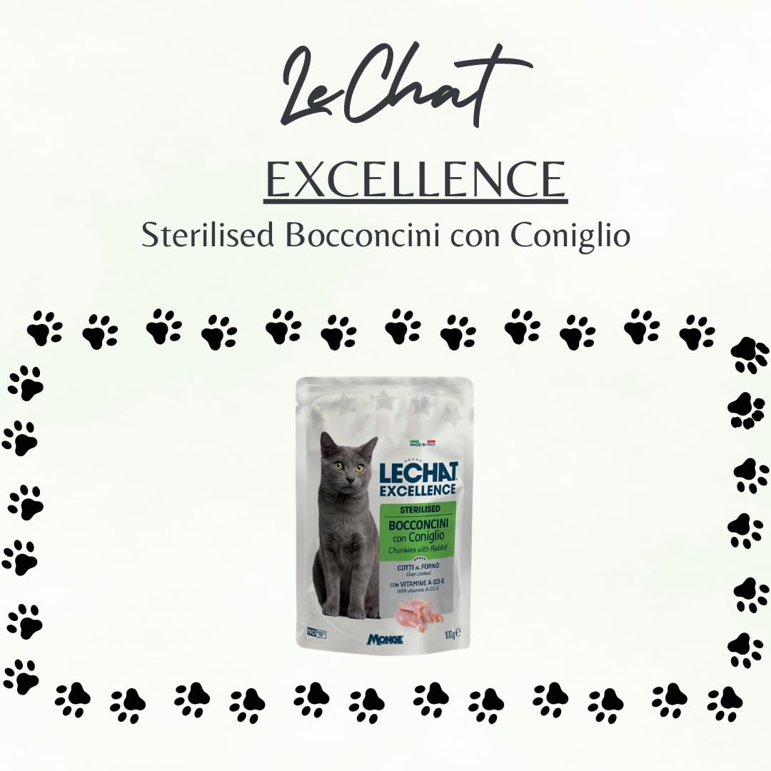 Monge LeChat Excellence Sterilised Friandises avec lapin | Aliment humide complet pour chats adultes stérilisés, sans colorants ni conservateurs, fabriqué en Italie, 12 sachets de 100 g