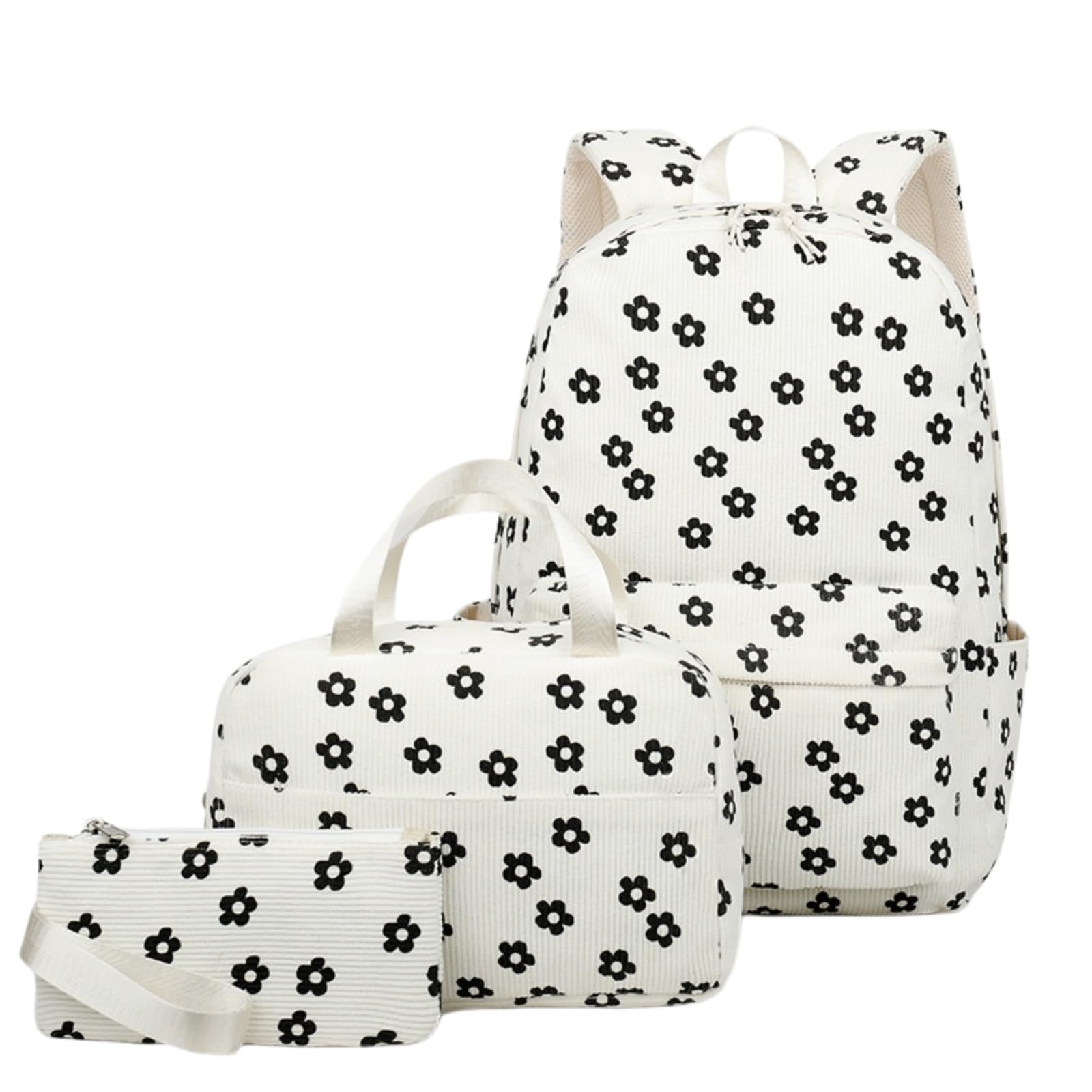 Mochila Viaje Cabina Black White Floral 3-in-1 Set Escolar Resistente Al Agua con Bolso De Almuerzo Y Estuche Lápiz para Niñas