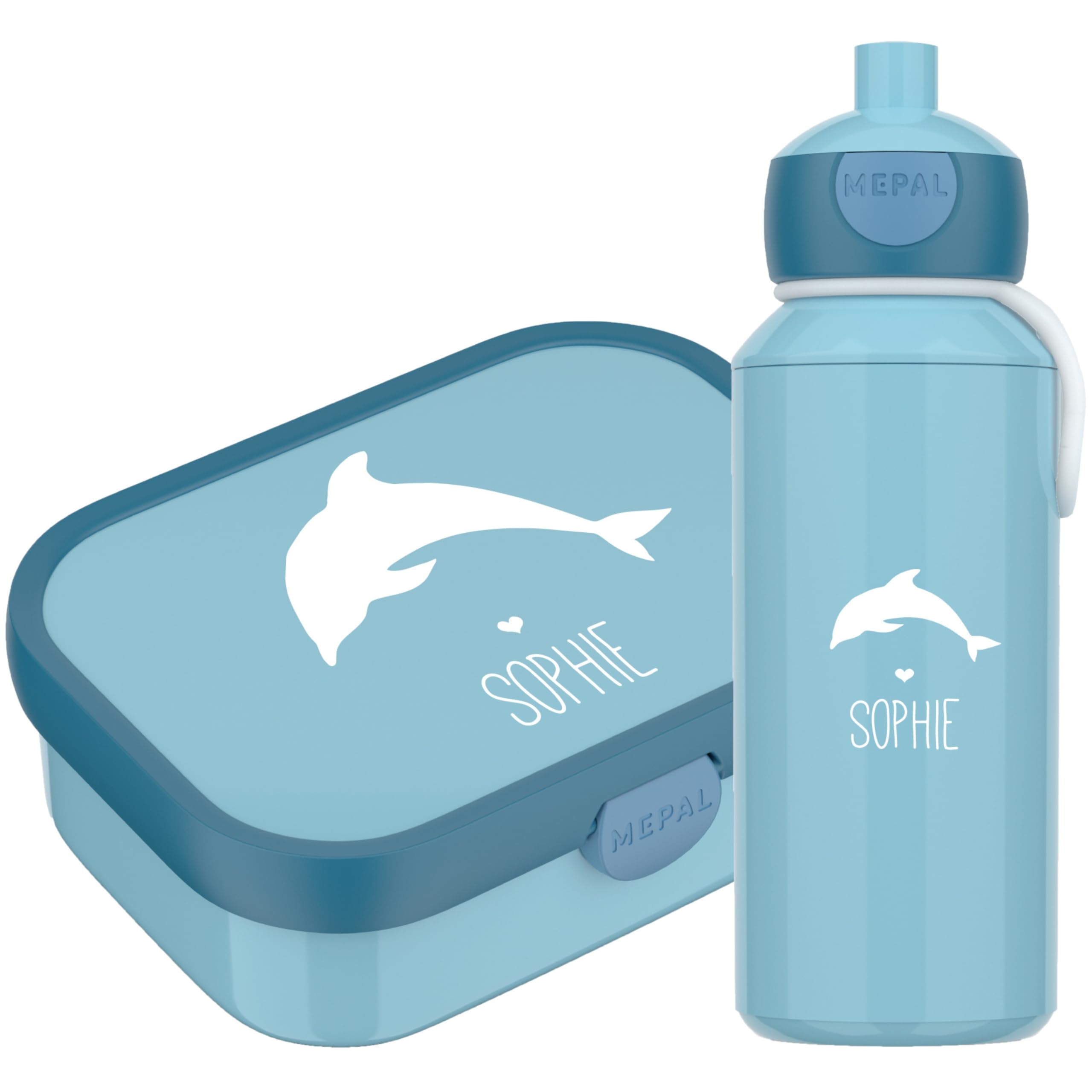 4ou Design Mepal Set Brotdose & Trinkflasche personalisiert mit Namen – Silhouette Delfin blau – Auslaufsicher, Bento Einsatz rausnehmbar, inkl. Snackgabel – BPA frei – Geschenk für Kinder (Cool Blue)