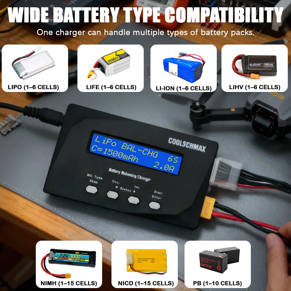 Balance Battery XT60 - Cargador descargador, medidor de resistencia para 1-6S LiPo, LiFePO4, Li-ion, LiHv, 1-15S NiMH, NiCd, 1-10S Pb, para drone RC Car