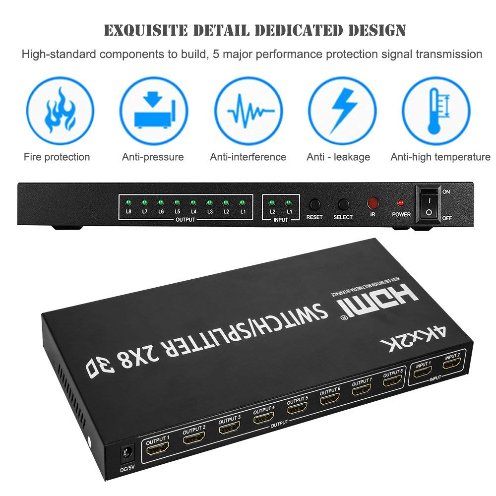 2X8 HDMI Splitter, Full HD 4K Video HDMI Switcher 2x8 Split 2 in 8 out Dual Screen per PS3 Xbox PC a HDTV Monitor Proiettore con alimentazione