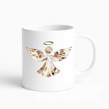 Elosh Christmas Coffee Mug Gold Theme 11oz Ceramic Holiday Cup with Festive Icons Angel, Reindeer, Tree Microwave Safe Xmas Gift for Men, Women, Coworkers, Family Secret Santa Gold Angel