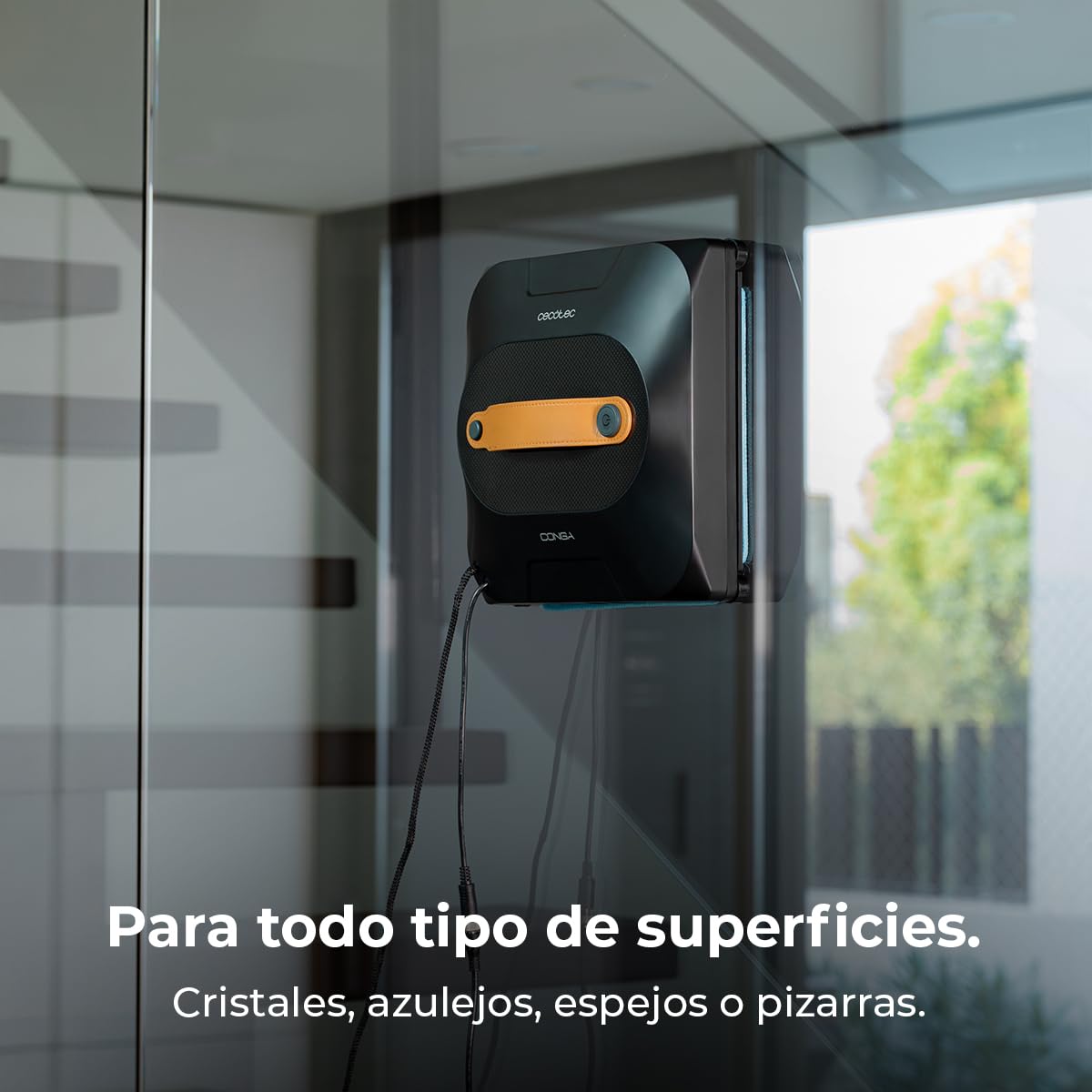 Cecotec Robot Limpiacristales con App y Mando Conga Windroid 1390 Double Spray Connected. 3 en 1, Pulveriza, Limpia y Seca, Doble Spray, 8 Modos, Radio Acción 7,5m, Cuerda de Seguridad, Kit Limpieza