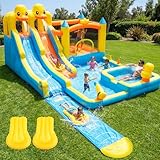 Hapfan 10 in 1 Hüpfburg mit 6.2 m Wasserrutsche, aufblasbare XXL Hüpfburg inkl. Gebläse, Kletterwand, Sprungbereich, Wasserpistole, Splash Pool & Basketballkorb, für drinnen/draußen, 520x445x620 cm