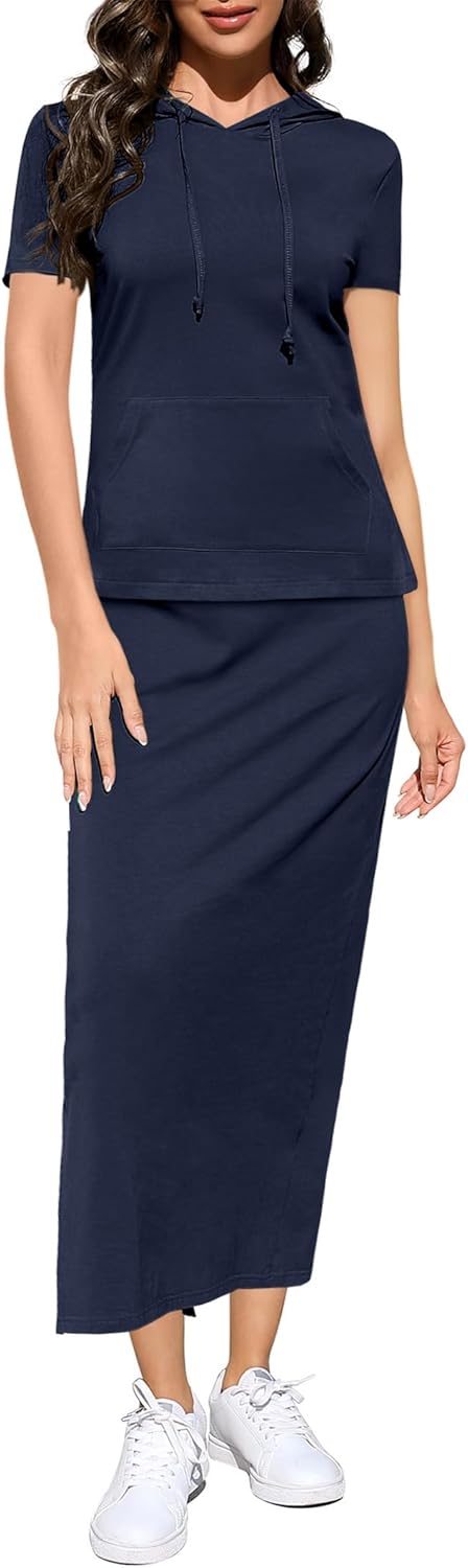 BeautyNee Women's 2 Piece Outfits Casual Short Sleeve Pullover Hoodie Tops Midi Skirts Tracksuit Sweatshirt Lounge Set Pocket