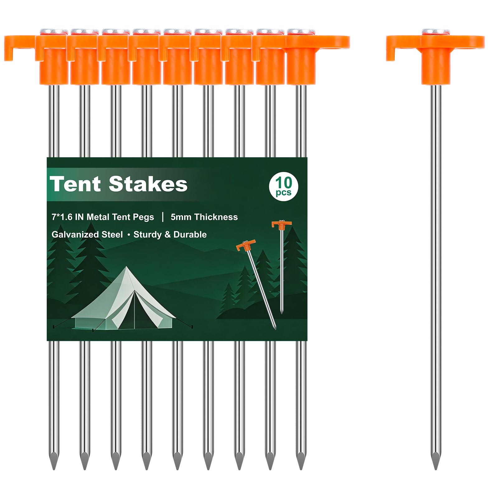 FEED GARDEN Heavy Duty Tent Stakes 7 Inch, 10 Pack Galvanized Steel Camping Pegs, Ground Anchors for Tents, Canopy and Tarp, Rust Resistant Metal Stakes with High Visibility Orange Heads for Outdoor