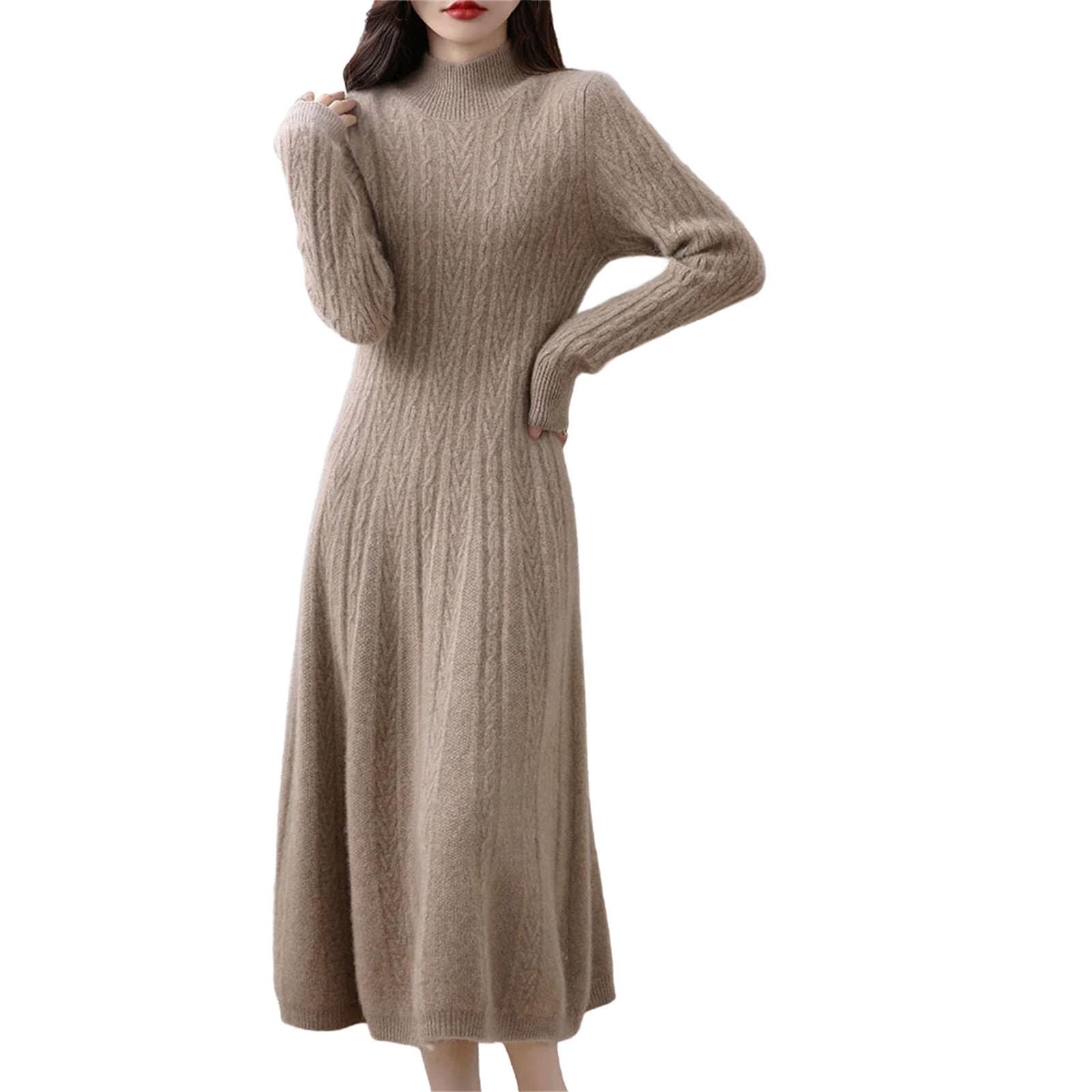 Womens Cashmere Sweater Knitted Long Dress 100 Percent Merino Wool Turtleneck Office Skirt Winter