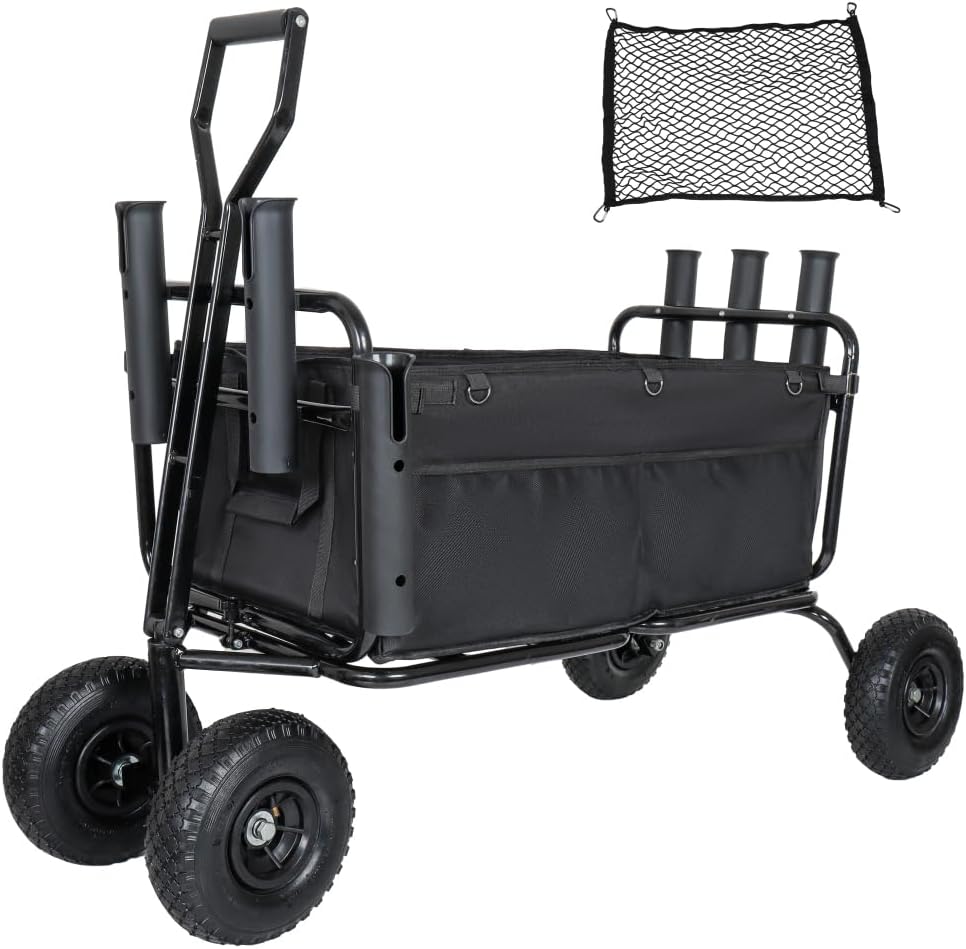 Heavy-Duty All-Terrain Utility Wagon with 9-Inch Pneumatic Tires for Sand, Grass, and Gravel – Foldable Steel Frame Cart for Outdoor Transport (Black + Steel-3)