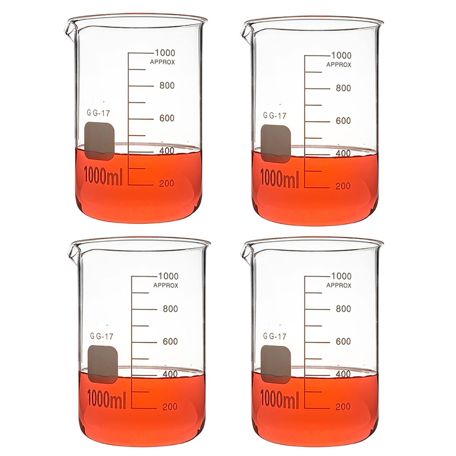 4 vasos de precipitados de vidrio, (1000 ml, 2000 ml, 3000 ml), vaso de laboratorio de borosilicato transparente, vasos de medición de vidrio de forma baja con graduación y pico, reutilizables, para