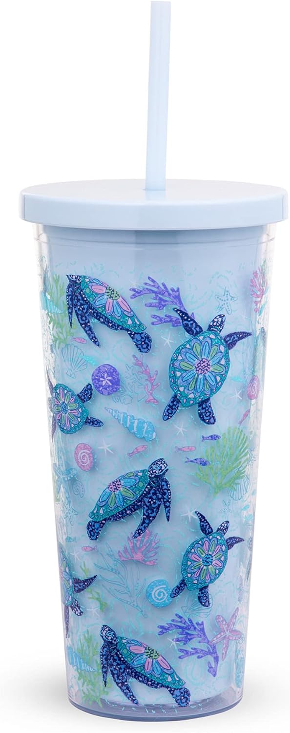 Travel Tumbler with Lid and Straw, 24 Ounce Insulated Cup, Blue Plastic Double Wall Tumbler, Turtle Dream