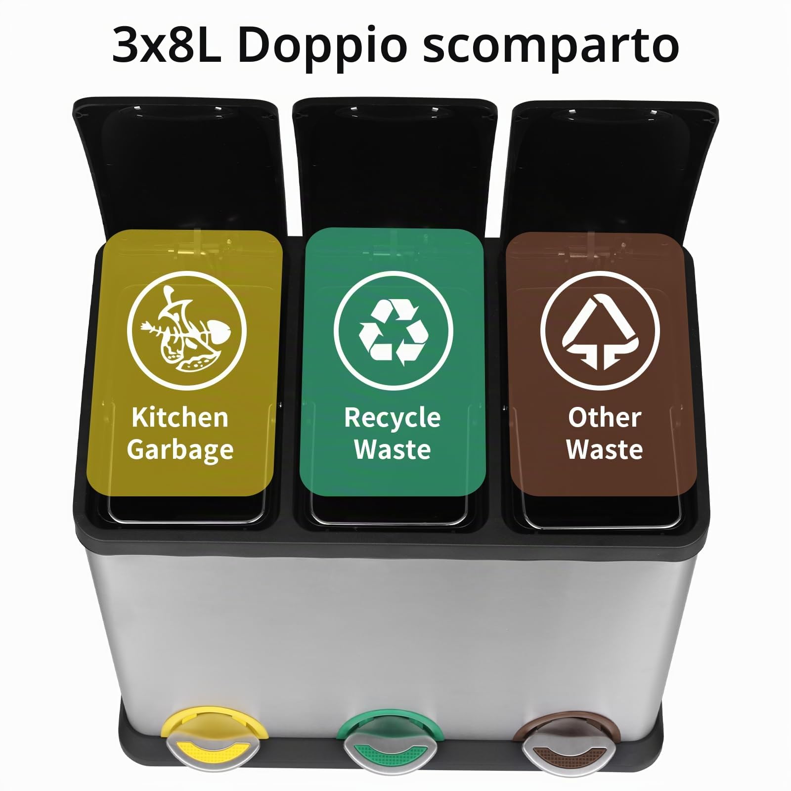 LIFERUN Pattumiera a 3 scomparti, 3 x 8 l, sistema di raccolta differenziata della spazzatura da 24 litri, piccola pattumiera a pedale in acciaio inox con coperchio, 3 secchi interni rimovibili