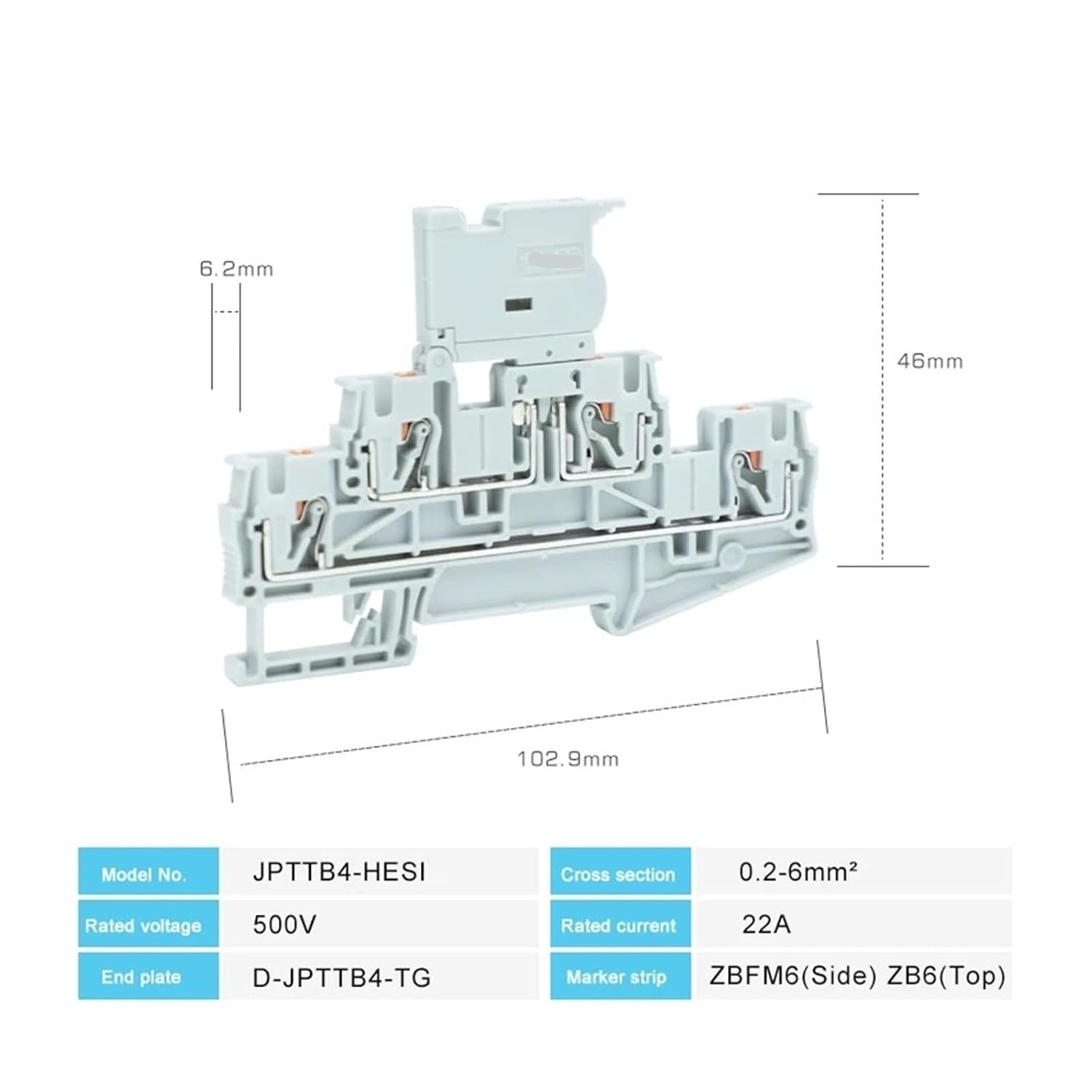 5pcs PTTB4-HESI Double Deck Fuse Holder Terminal Block DIN Rail 4mm² 4 Wire Connector PTTB 4-HESILED 5 * 20mm Fuse 24V/220V LED(Gray-with 220V LED,with 3A Fuse)