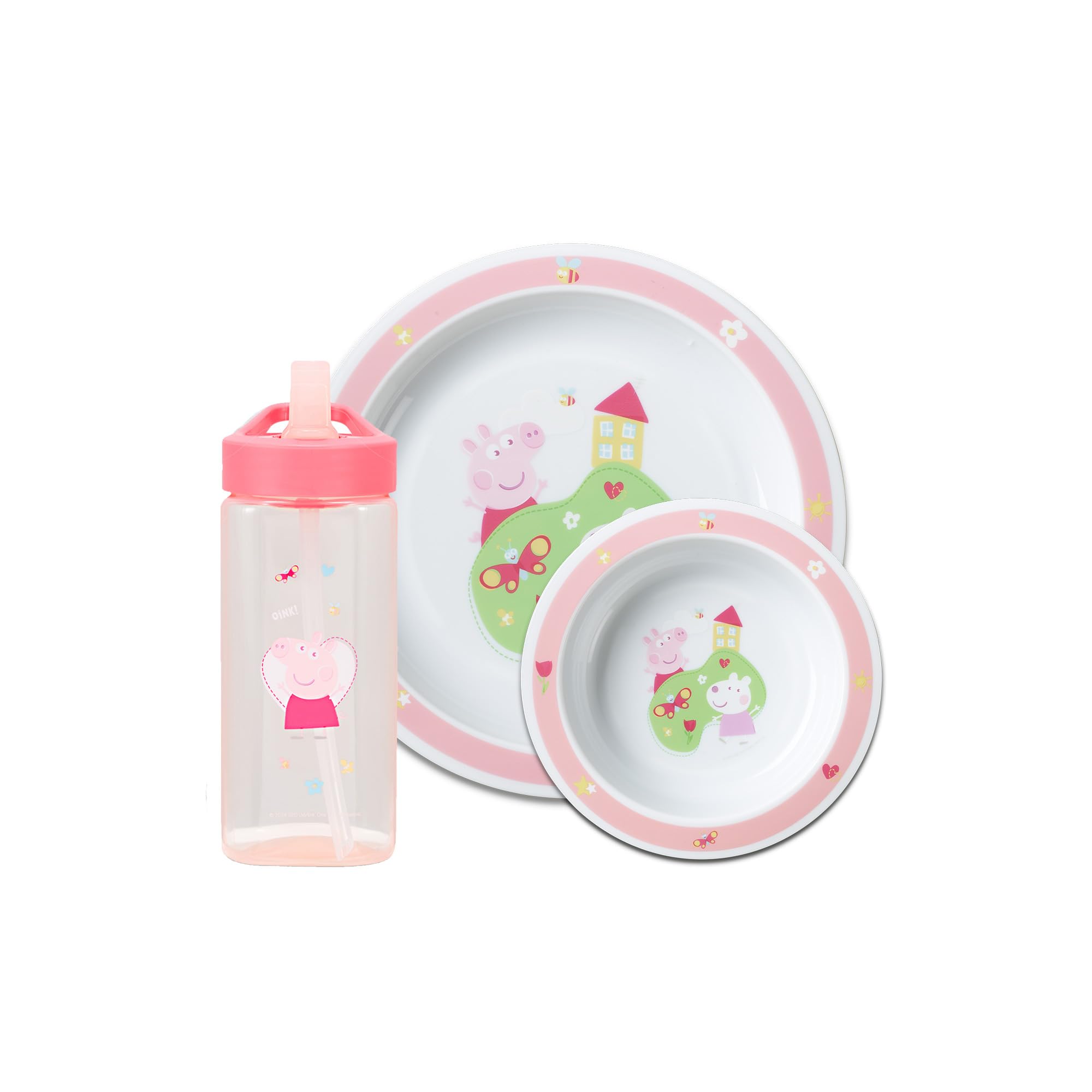 Peppa Pig Plate & Bowl Water Bottle Set 6m+ Pink Colourway BPA Free 3 Piece Dining Set, Reuseable 420ml Square Straw Sipper, 8.5 Inch Plate, 7 Inch Bowl