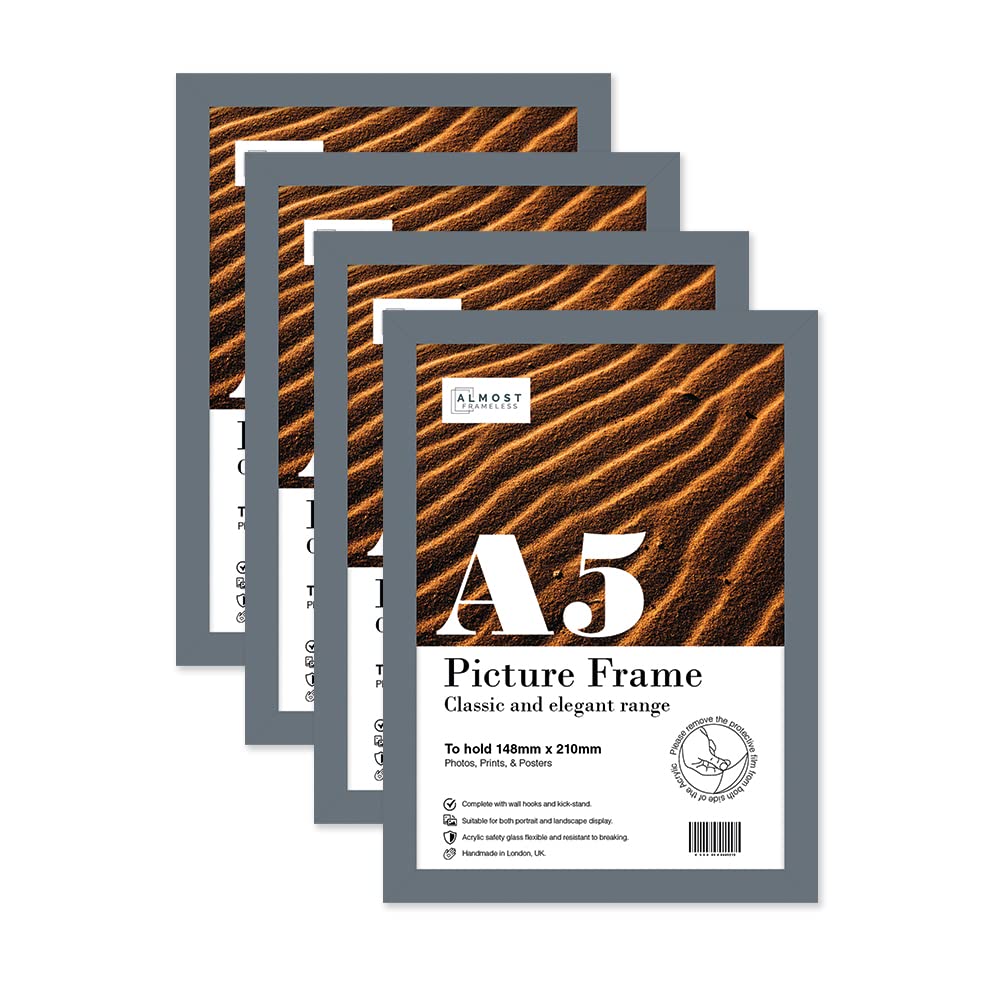 Almost Frameless A5 Grey Picture Frame Set of 4, Display A5 Picture Gallery Wall, Poster, Photo, Artwork, or Print, Grey