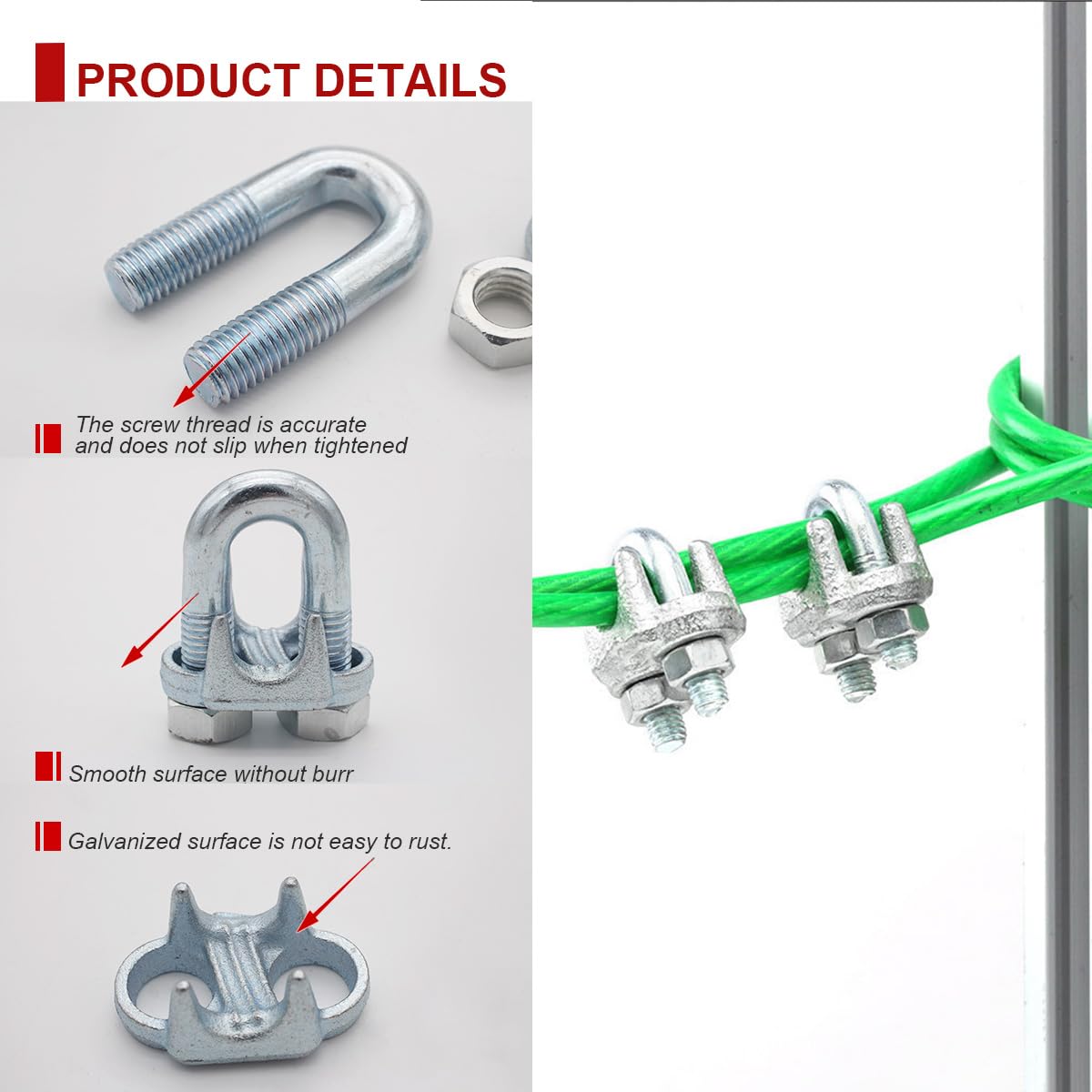 Morsetto per fune metallica da 5/8 pollici, morsetto resistente per cavo metallico, clip per funi metalliche placcate in zinco, 4 pezzi (M15)