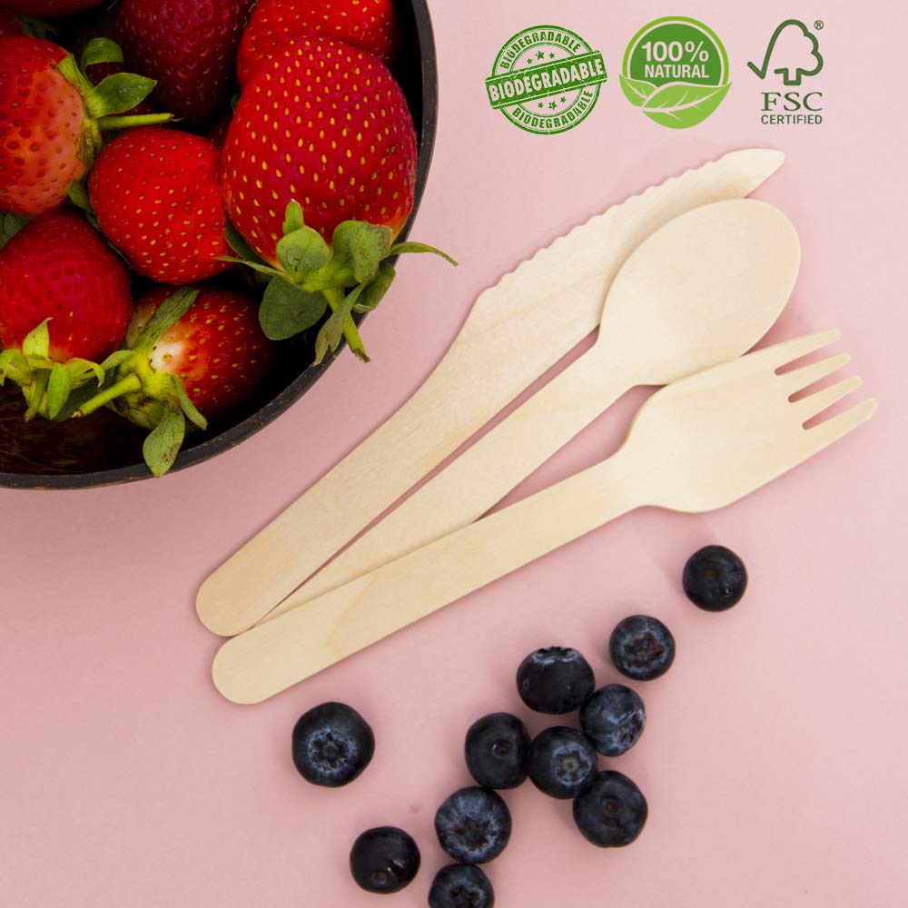 Set di 150 posate usa e getta in legno, biodegradabili, ecologiche, per barbecue, picnic, feste, 50 forchette, 50 cucchiai, 50 coltelli