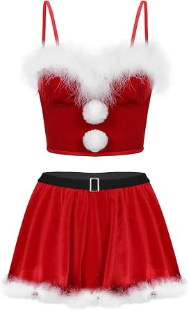 Sywiyi Women Mrs Santa Claus Dress-up Costume Christmas Dance Party Outfits Velvet Top with Skirt Set Clubwear
