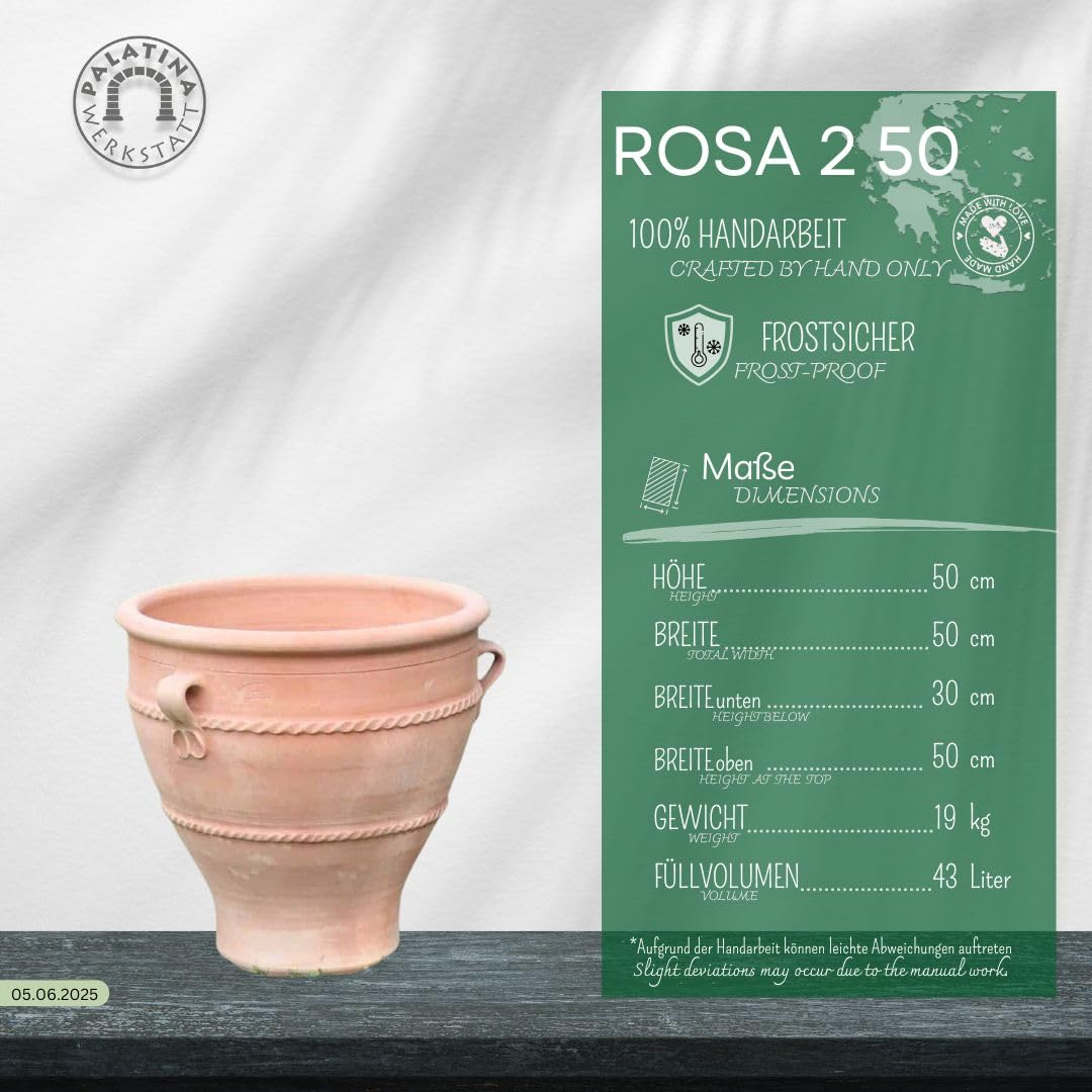 Palatina Werkstatt Terracotta Pflanzgefäß mit Henkel,handgefertigt und frostfest, Blumenkübel Garten Deko, 35-80 cm, Rosa 2 (50 cm)
