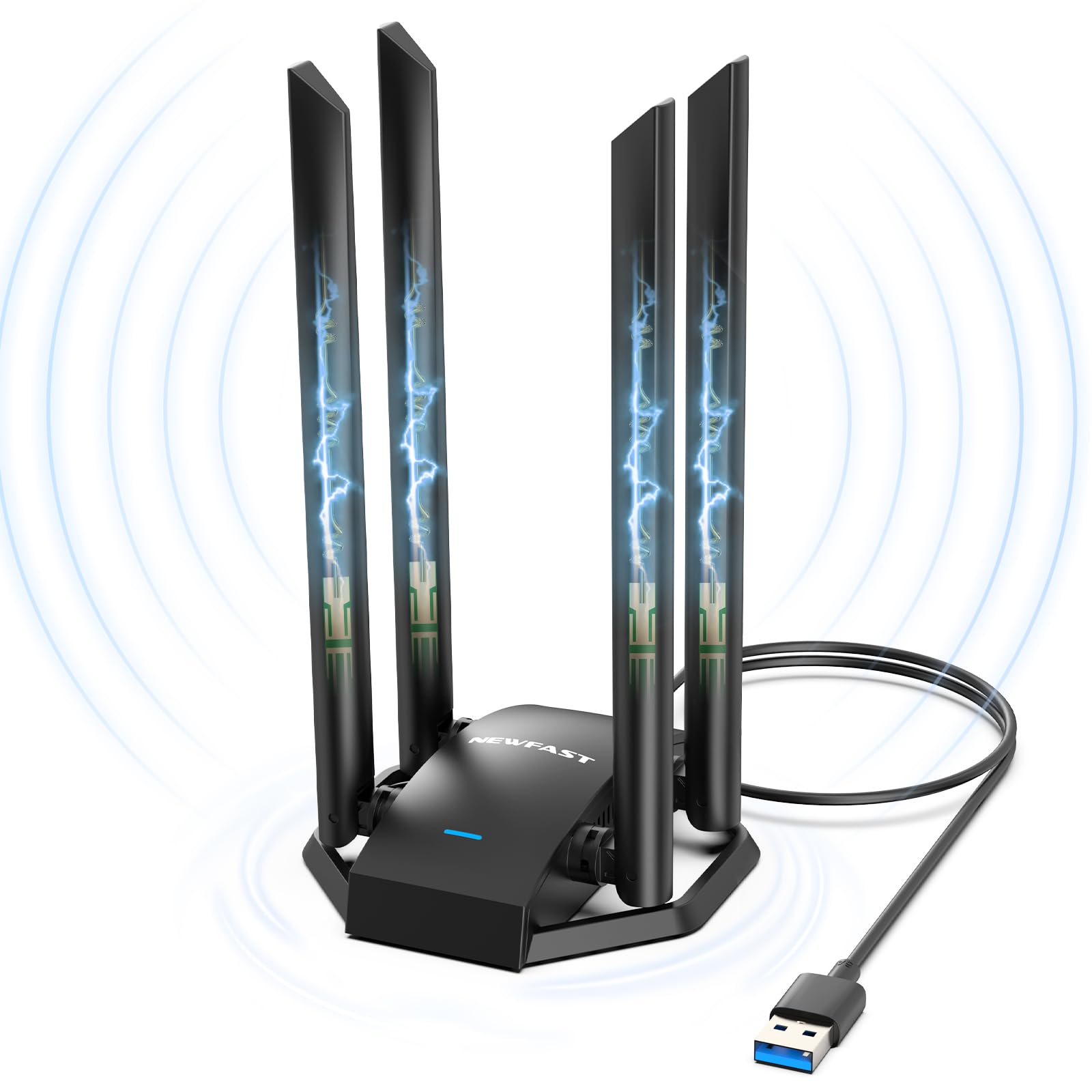 NEWFAST Adaptador WiFi USB para PC, 4 * 6dBi Antena de Alta Ganancia, AC1300 Dual Band 5GHz&2.4GHz Antena WiFi USB para PC Compatible Windows XP/7/8/8.1/10/11