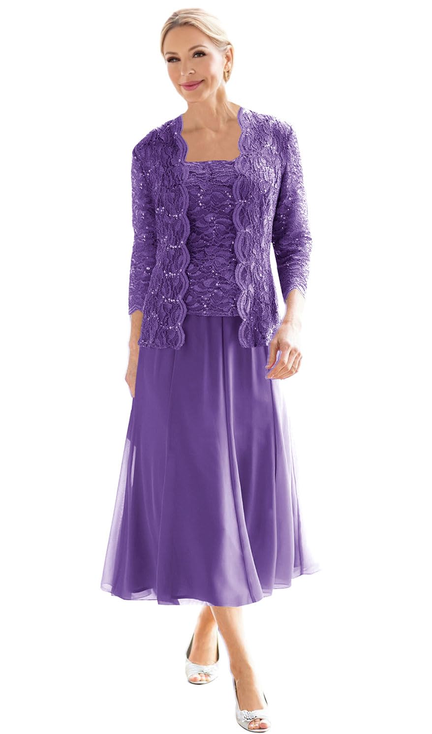 ISABUFEI Mother of The Bride Dresses for Wedding Chiffon Lace Formal Dress Tea Length Grandmother Dresses with Jacket Purple US12