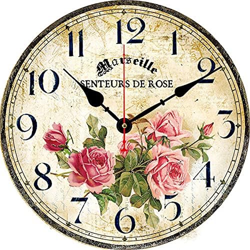 Image of 8 inch Pink Rose Vintage French Decorative Wall Clock Silent Kitchen Decor | Non-Ticking Quartz Movement Round Battery Operated Floral Clock For Living Room,Kitchen,Office