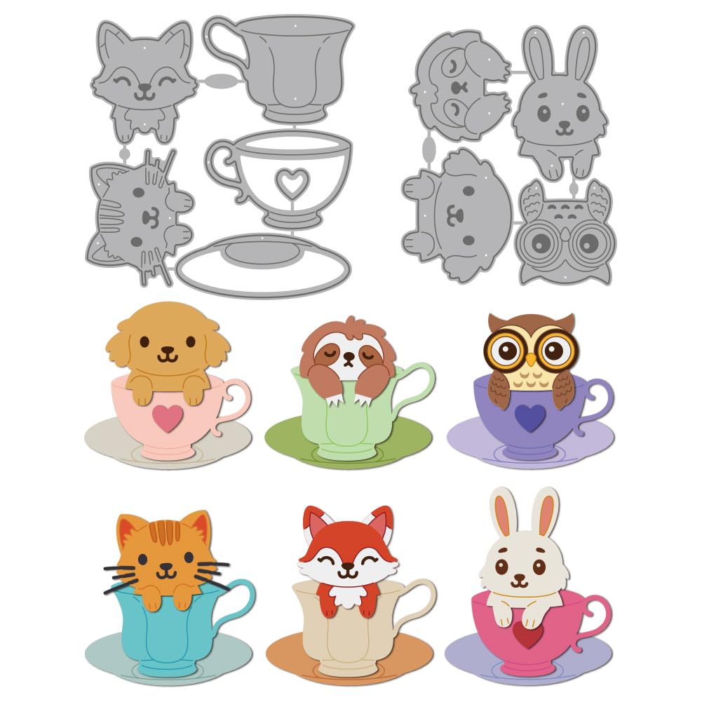 MAYJOYDIY Teacup Animals Metal Cutting Dies Cartoon Dog Die Cuts Stencils Rabbit Fox Kitten Sloth Embossing Template Dies for DIY Paper Craft Card Making Scrapbooking Album Decor