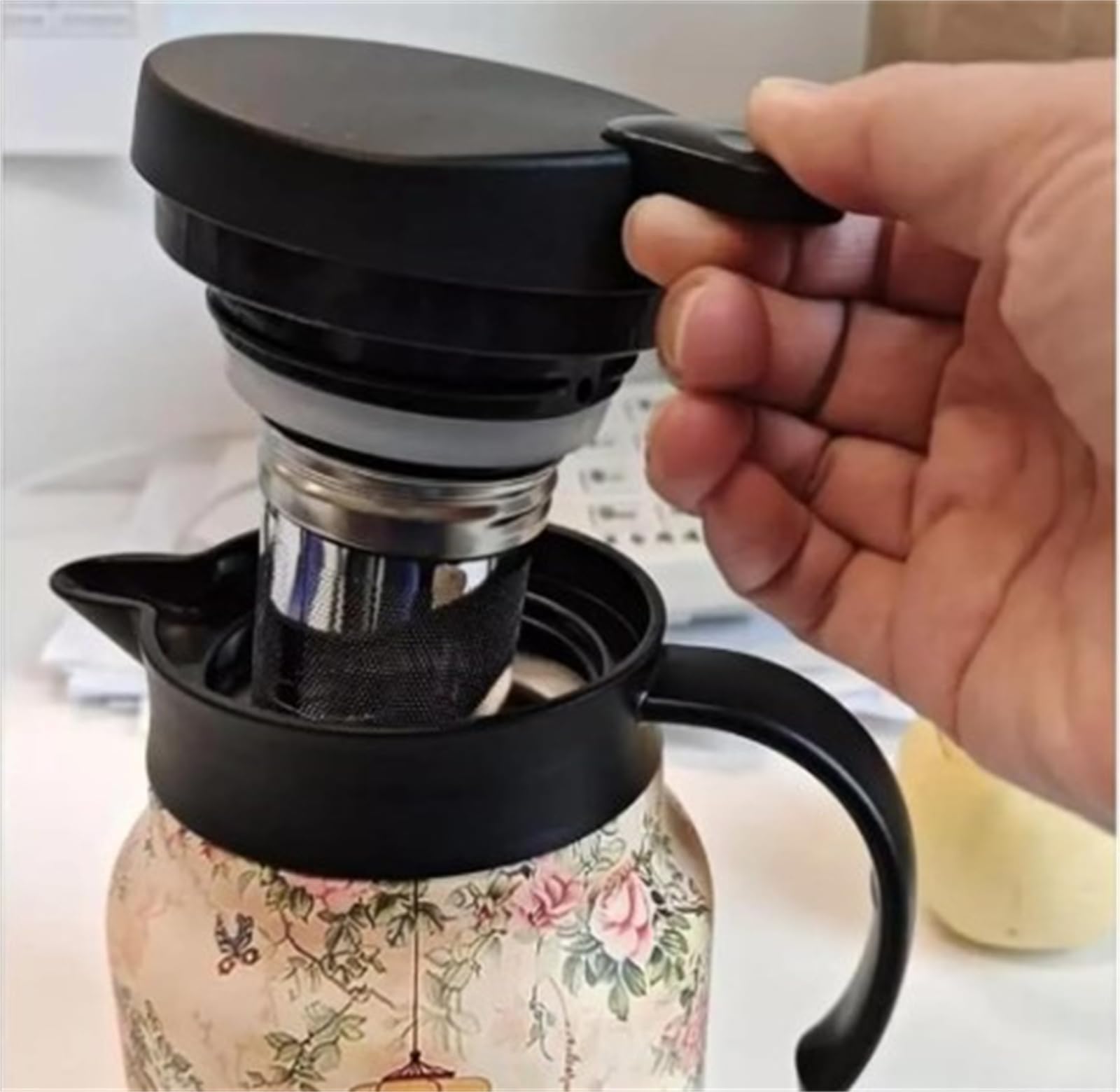 YANGUN 1000ml Thermos Teapot With Infuser - Vintage Floral, Stainless Steel, Keeps Tea Hot/Cold