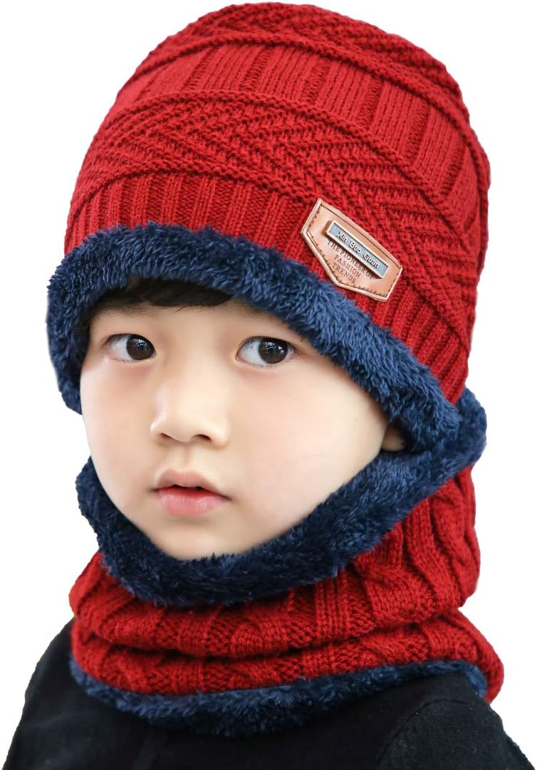 T WILKER 2Pcs Kids Winter Knitted Hats+Scarf Set Warm Fleece Lining Cap for 5-14 Year Old Boys Girls