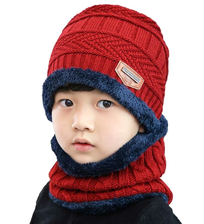 Kids Winter Knitted Hats+Scarf Set Warm Fleece Lining Cap for 5-14 Year Old Boys Girls