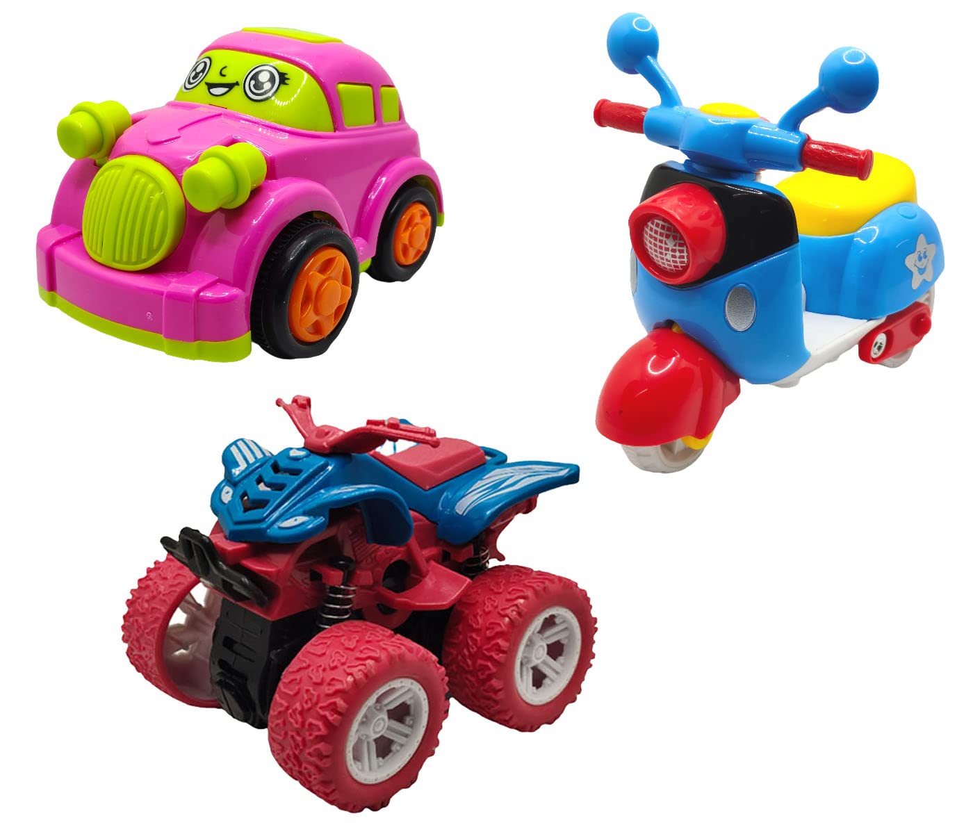Jo Baby Unbreakable Four-Wheel Drive Friction Powered Diecast Car, Scooter & Monster Scooter Toy Set (Pack of 3)