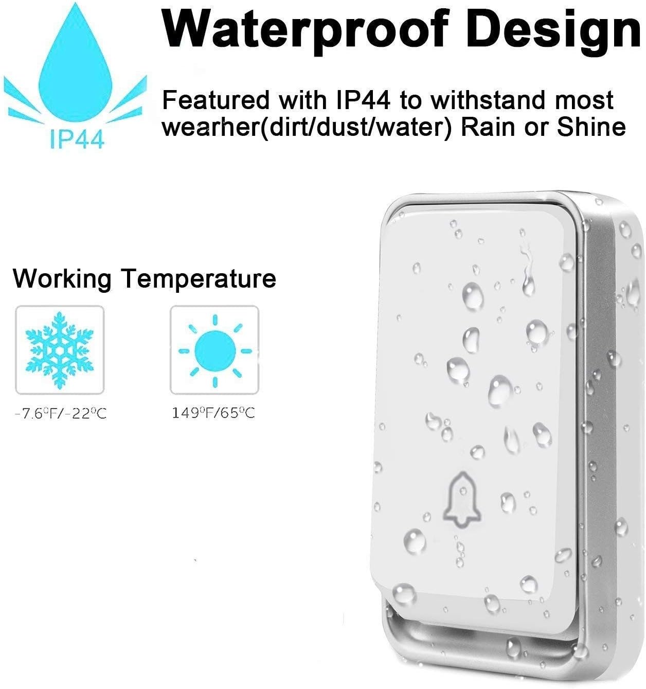 Doorbell - No Battery Required Doorbell Chime with 2 Receivers, 500 Feet/ 150 Meter Receiving Range, IP44 Waterproof Level, 4 Levels Volume, 50 Ringtones, White (Size : D) (D) ()