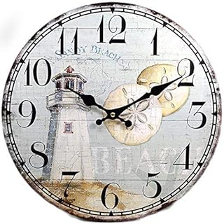 Wall Clock Wood Lighthouse Decorative 13 Inch Beach Theme Perfect Decor for Kitchen Bathroom Office Rustic Battery Operated Clocks Great Nautical Theme for Bedroom Ocean Decoration Ticking Tropical